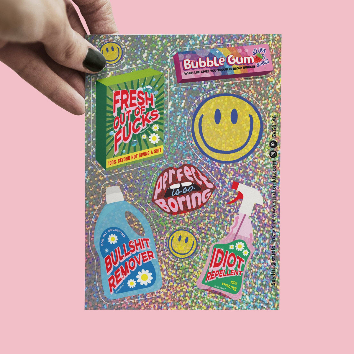 Stickers Pailletés — Smileys & Citations Sarcastiques · Studio Inktvis