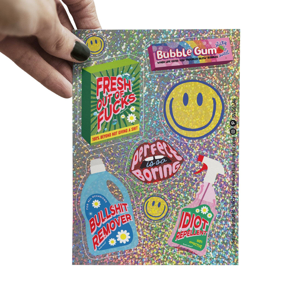 Stickers Pailletés — Smileys & Citations Sarcastiques · Studio Inktvis