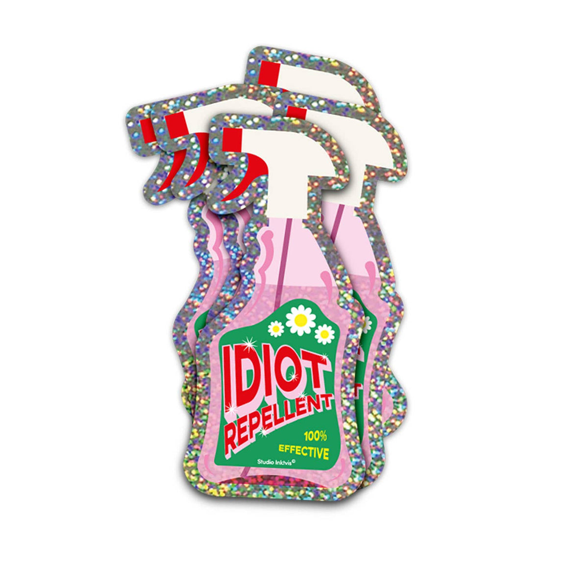 Sticker Pailleté — Spray Répulsif à Idiots · Studio Inktvis