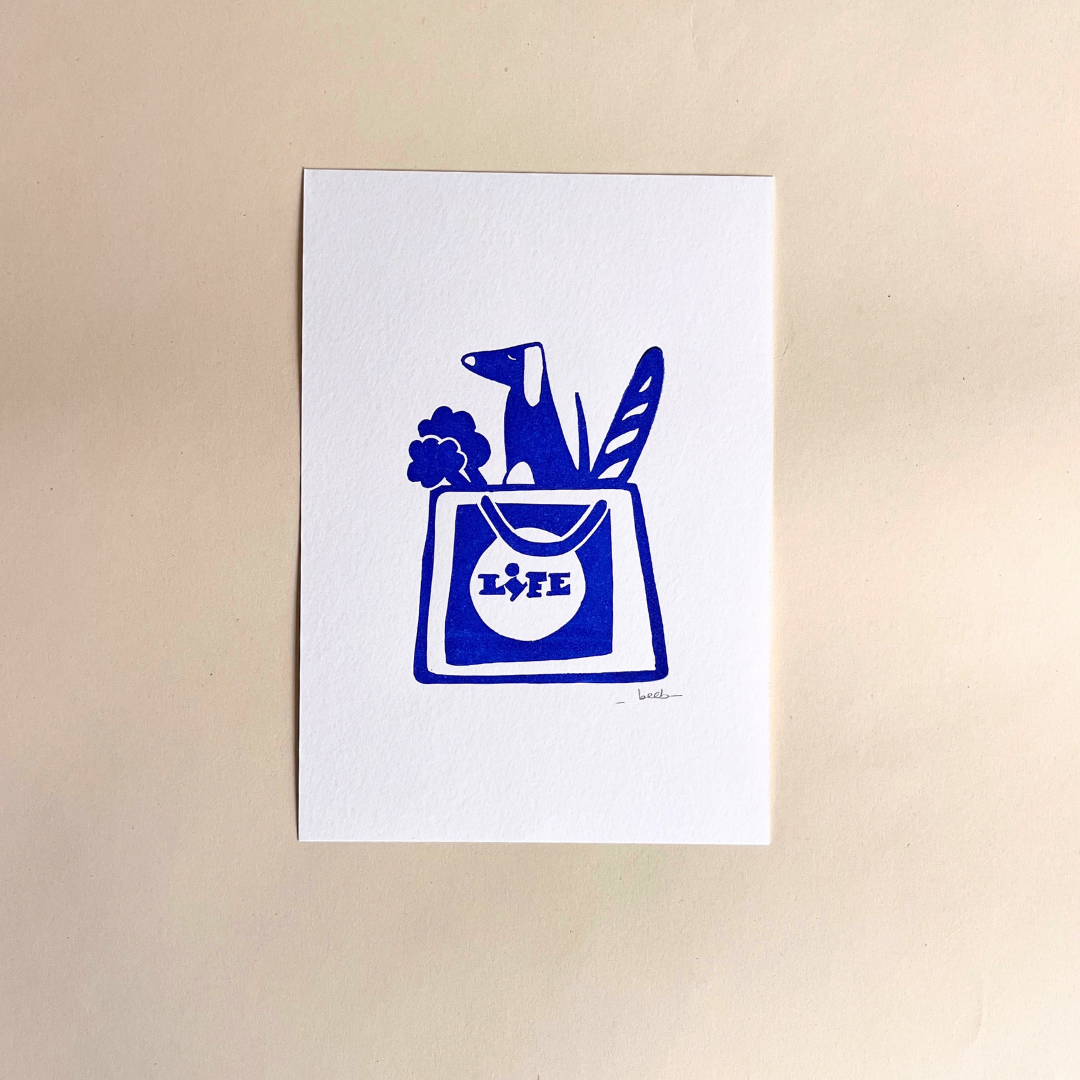 Linogravure 15 cm x 21 cm (A5) - sac de vie chien - Beeb