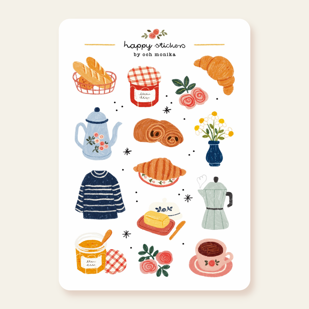 Planche de stickers Petit-déjeuner français - Och Monika