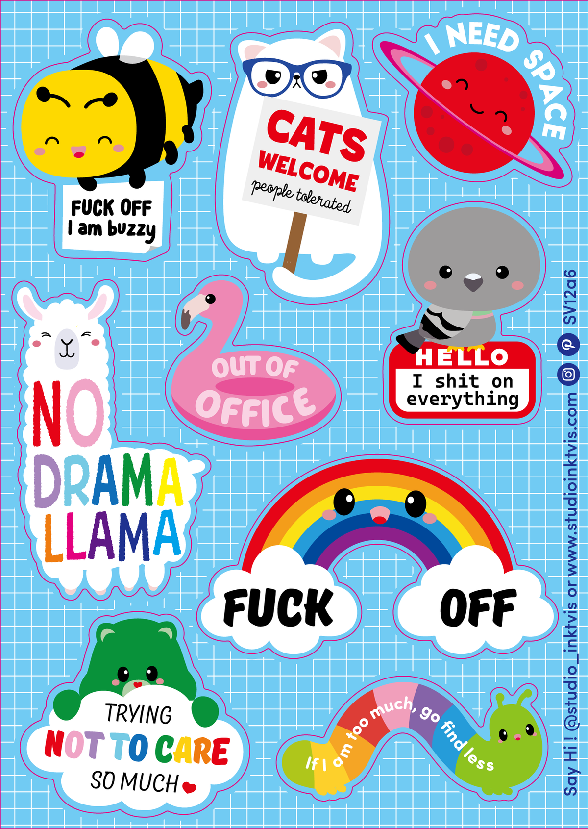 Planche de stickers Lama mignon et impertinent « No Drama » — Studio Inktvis