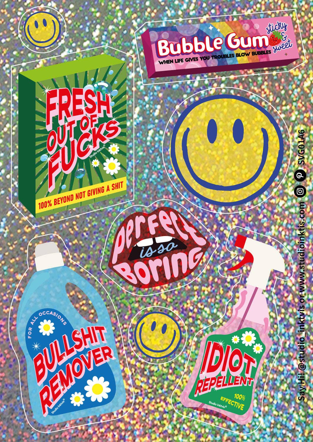 Stickers Pailletés — Smileys & Citations Sarcastiques · Studio Inktvis